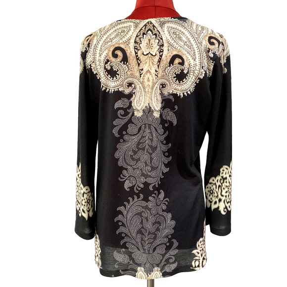 Chico’s Sz 1 (M-8) Casual Tunic Top Black Beige Rhinestone Embellished Neckline - Picture 5 of 7